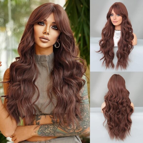 Long Wavy Reddish Brown Wigs With Bangs 28 Inch Chocolate Brown Side Part Curtai - Picture 6 of 7